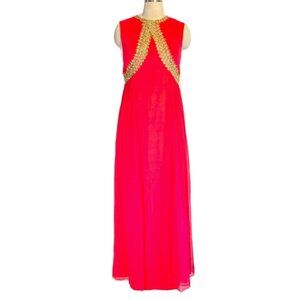 Vintage 1960's Hot Pink Maxi Length Gown w/ Gold Applique Detail SZ S/M